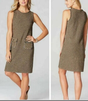 NWT J Jill Butterscotch Stretch Knit Tweed Shift Dress Medium Pockets Sleeveless